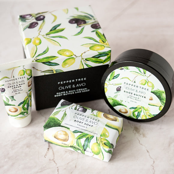 Body Essentials Olive & Avo hand & nail cream, body butter & soap Box