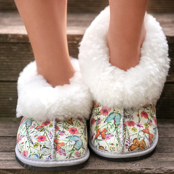 Genuine Leather Sheepskin Slippers - Butterflies