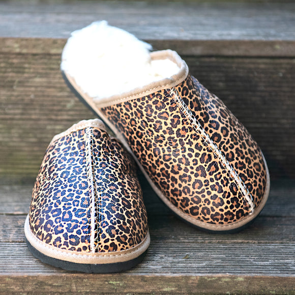 Genuine Leather Sheepskin Mule Slippers - Leopard Print