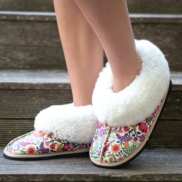 Genuine Leather Sheepskin Slippers - Floral